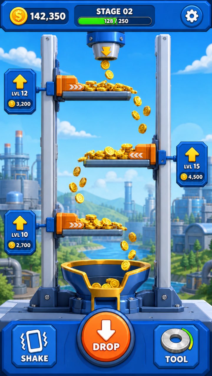 Royal Coin machine overlooking a bright future city